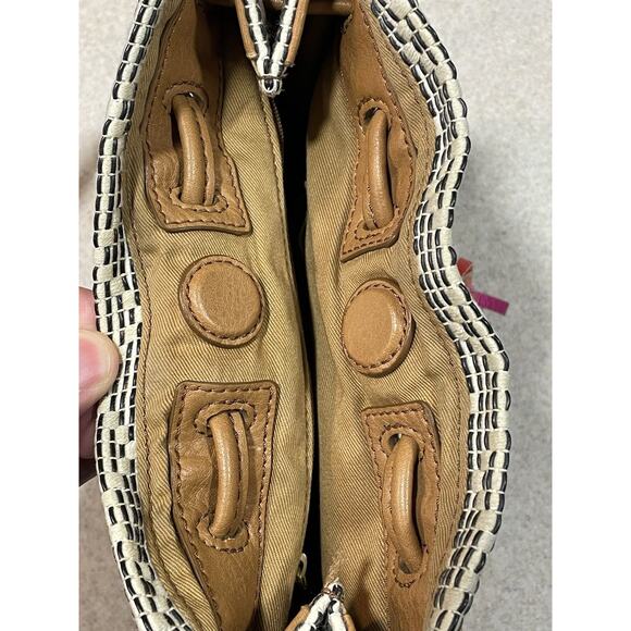 Fossil Claire Small Drawstring Bag Beige/Brown Woven W/Leather Trim Tassel 9x9 - Picture 10 of 14